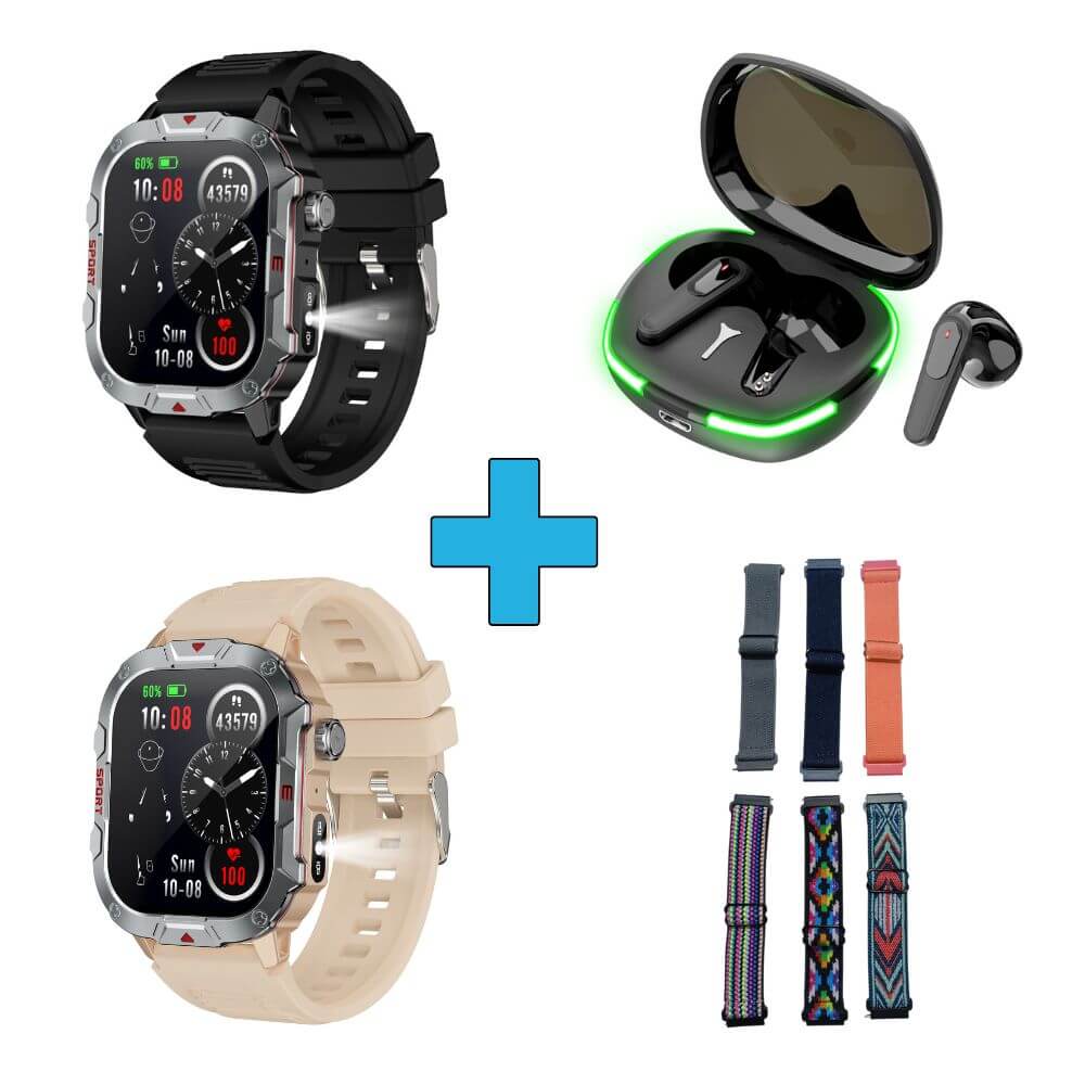Smartwatch reloj deportivo unisex con linterna led + audífonos + correa elasticada extra de regalo