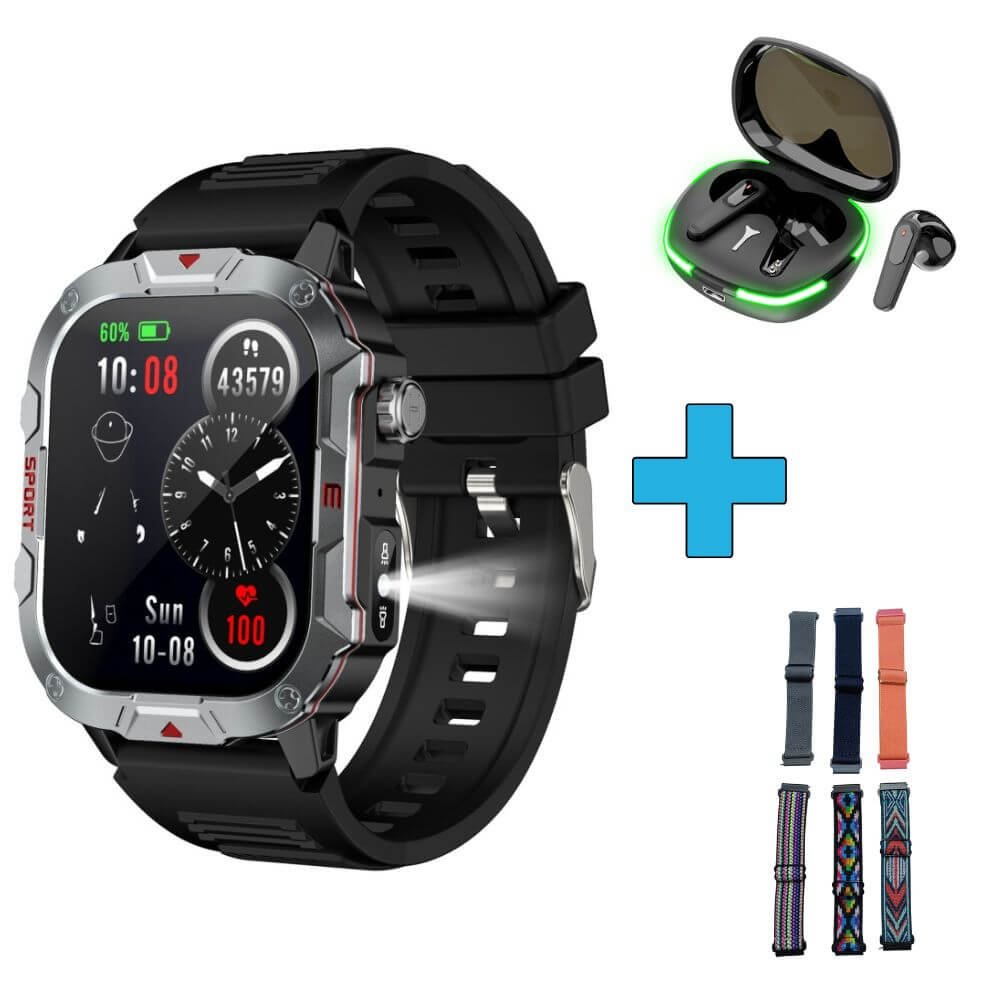 Smartwatch reloj deportivo unisex con linterna led + audífonos + correa elasticada extra de regalo