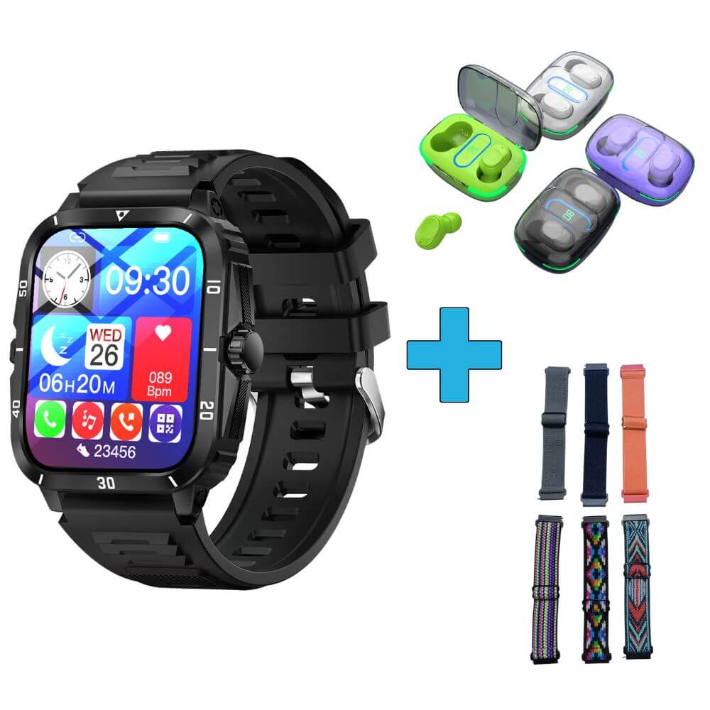 Smartwatch reloj deportivo unisex + audífonos + correa elasticada extra de regalo