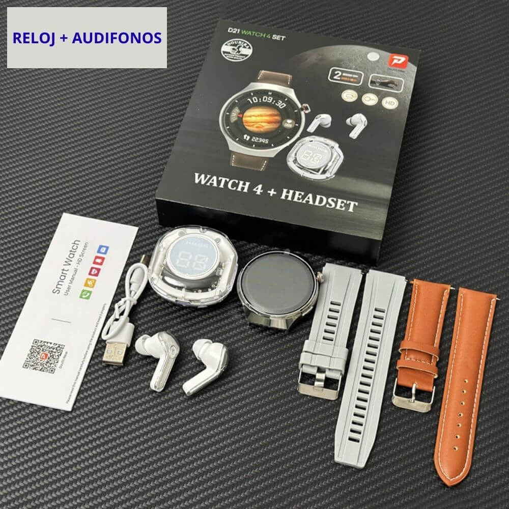 Smartwatch reloj Pack deportivo unisex + audífonos + correa de cuero extra