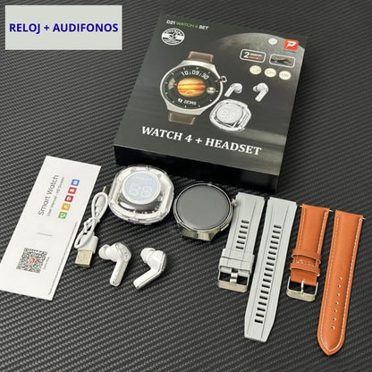 Smartwatch reloj Pack deportivo unisex + audífonos + correa de cuero extra